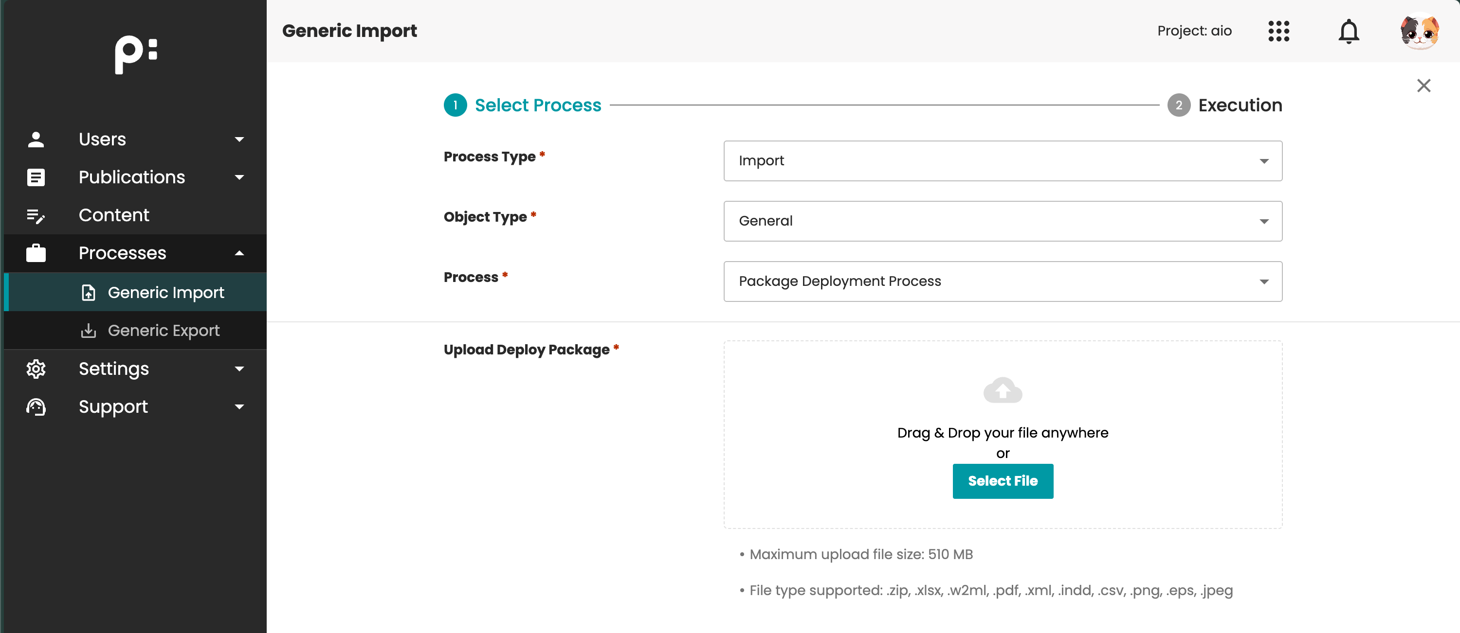 Upload the deployment package in the import process